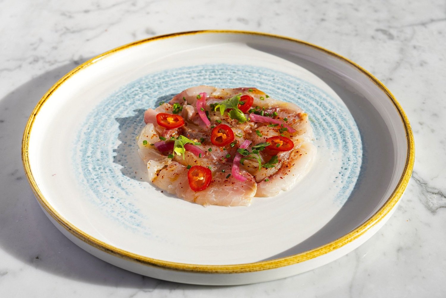 Ceviche de poisson blanc, piment rouge et oignon mariné sur assiette turquoise, Nhow, Marseille